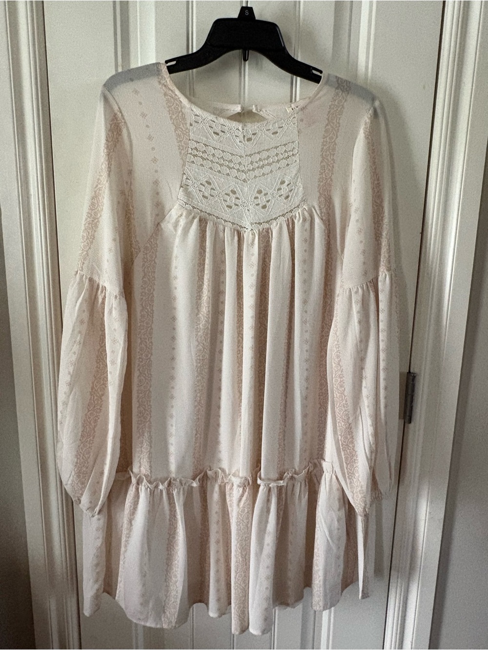 Flying Tomato Cream Lace Yoke Long Sleeve Tiered Peasant Dress